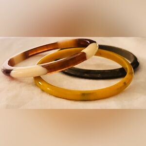 Vintage Bakelite Bangle Bracelet Set of 3 Butterscotch, Marbled Green & Yellow.